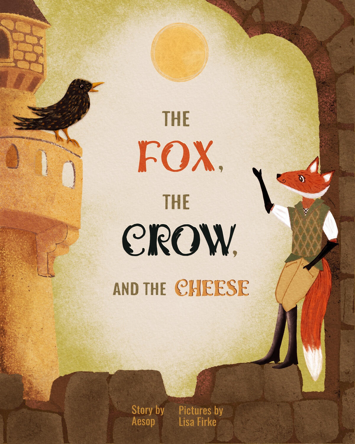Illustration of Aesop’s fable The Fox and the Crow, showing the crow looking down from a Juliet balcony at the fox. By Lisa Firke.