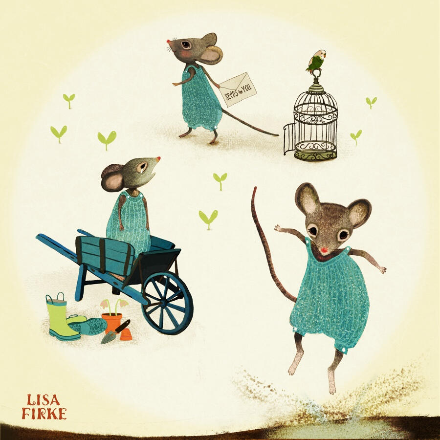 Illustration of a mouse character wearing a turquoise jumper and walking, jumping and crying.