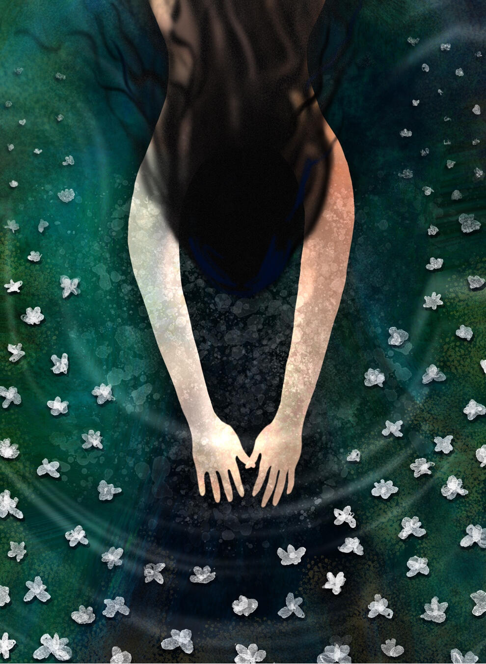 Against a starry blue background, the artist’s hand plants colored pencils in the ground.