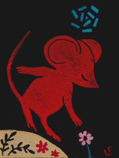 A red mouse plucks a blossom,depicted against a black ground, with an abstract turquoise “moon” in the sky. Original painting by Lisa Firke.