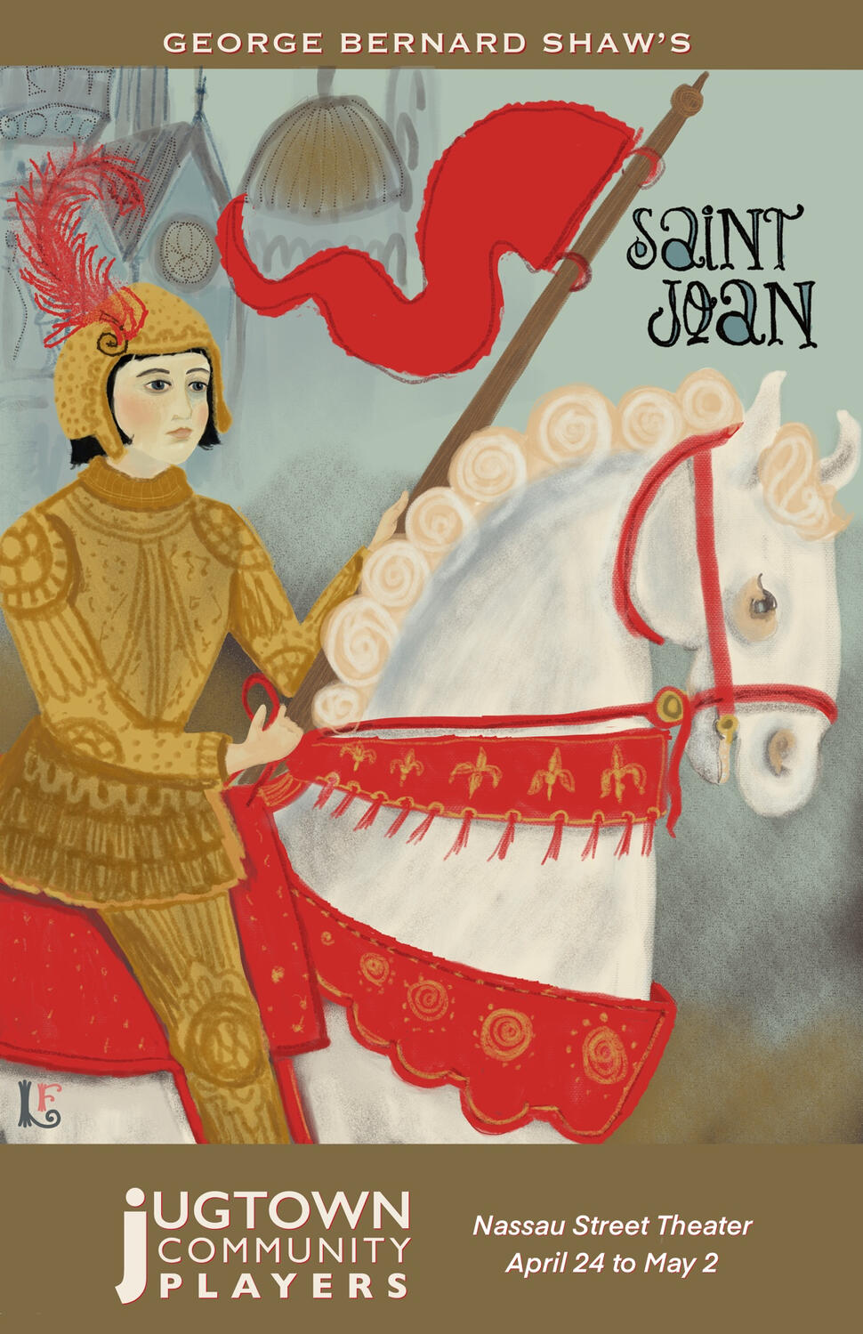 Illustration for the play, “Saint Joan”, depicting Joan of Arc in armor riding a white horse cane carrying a spear and banner. By Lisa Firke.