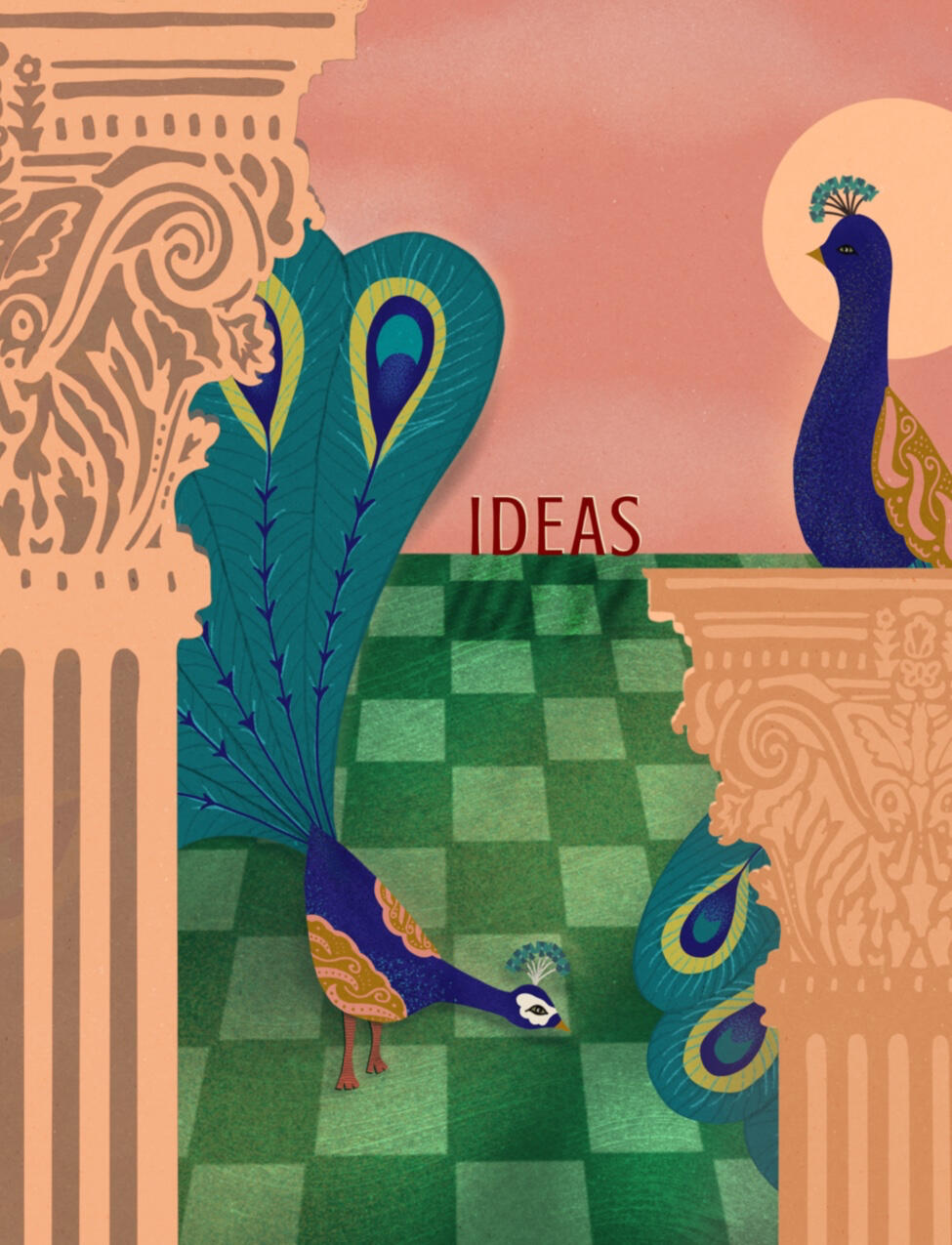 Teal and coral illustration of stylized peacocks in a garden with a stone checkerboard ground and ornate columns.