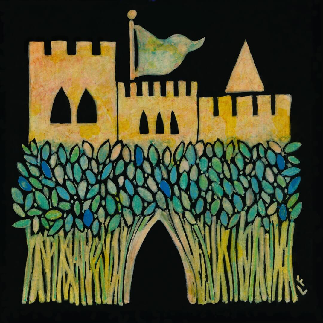 Yellow castle with blue pennant against a black background, with blue grain hedge in foreground. Original painting by Lisa Firke.