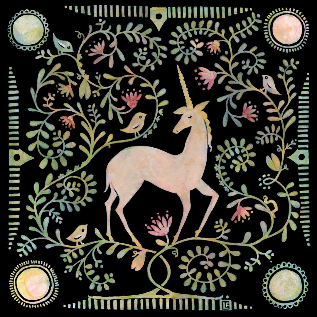 Beige unicorn surrounded by folkloric leaves and flowers, against a black field. Original painting by Lisa Firke.