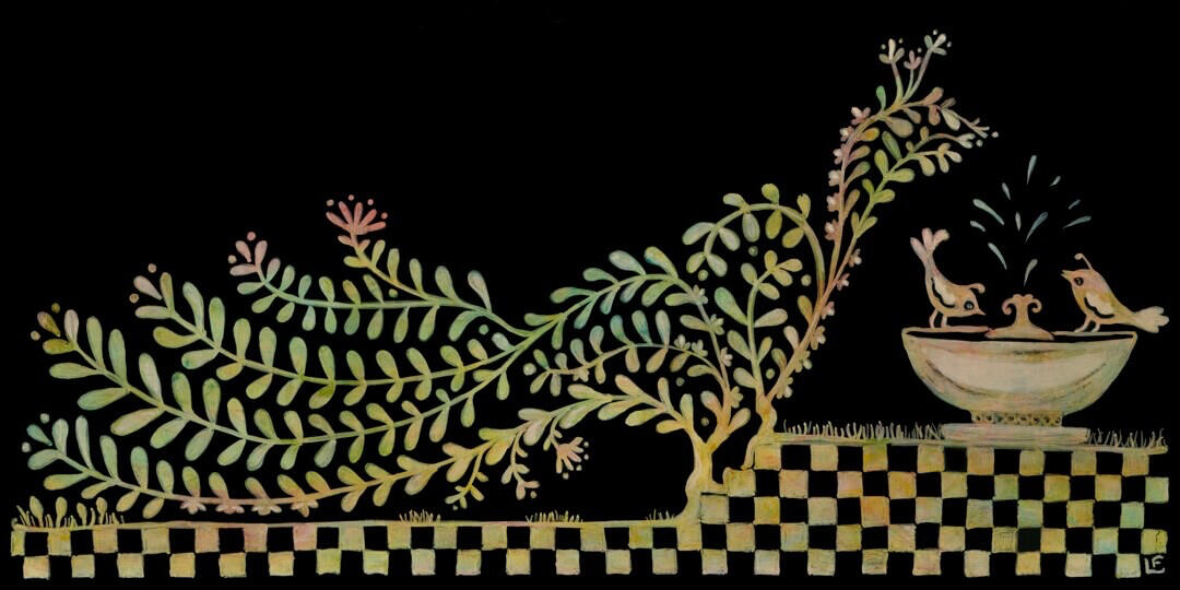 Folkloric boxwood topiary in the form of a peacock, ascended steps to small found with little birds, all against a black field. Original painting by Lisa Firke.