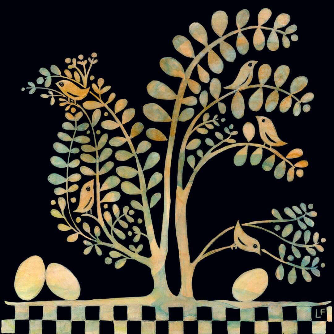 Folkloric boxwood topiary in form of a chicken, with eggs and small birdies, against a black background. Original painting by Lisa Firke.