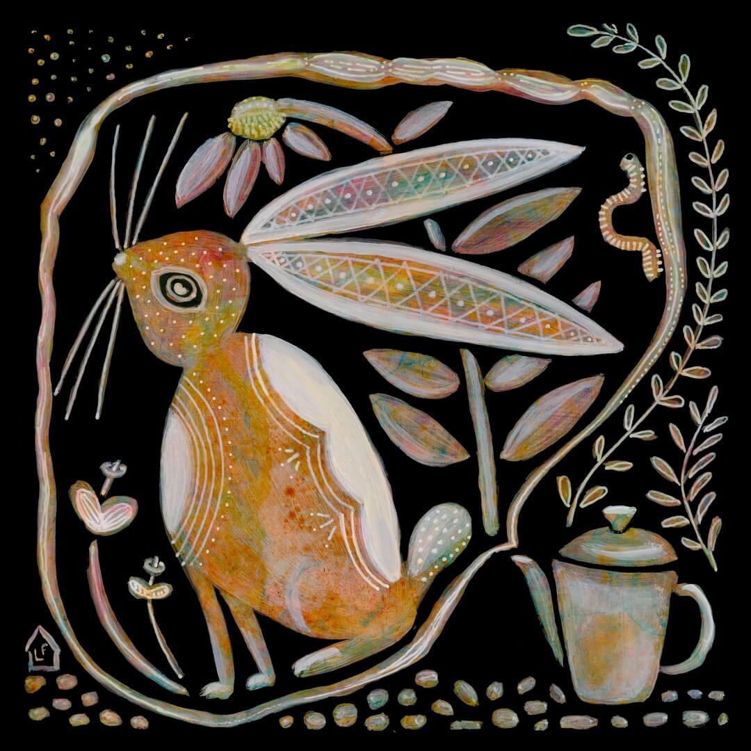 Coffee Pot &amp; Hare, acrylic on Claybord panel, 8x8 inches, © Lisa Firke.
