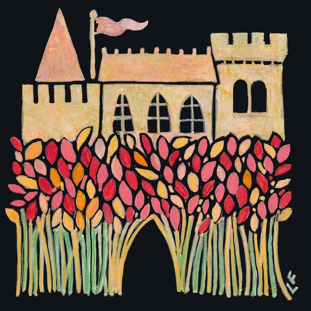 Yellow and pink stylized castle with pink pennant, against a black field with a bright pink and red grain hedge in the foreground. Original painting by Lisa Firke.